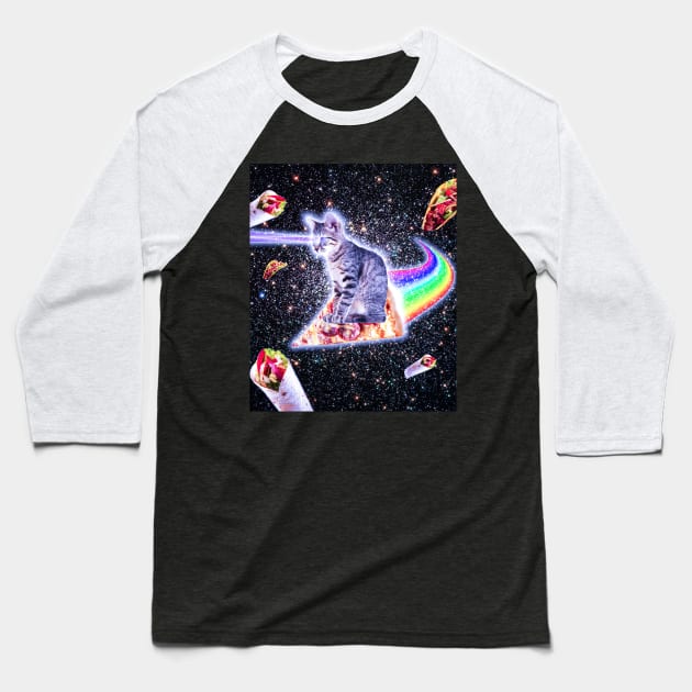 Laser Eyes Space Cat Riding Rainbow Pizza Baseball T-Shirt by Random Galaxy